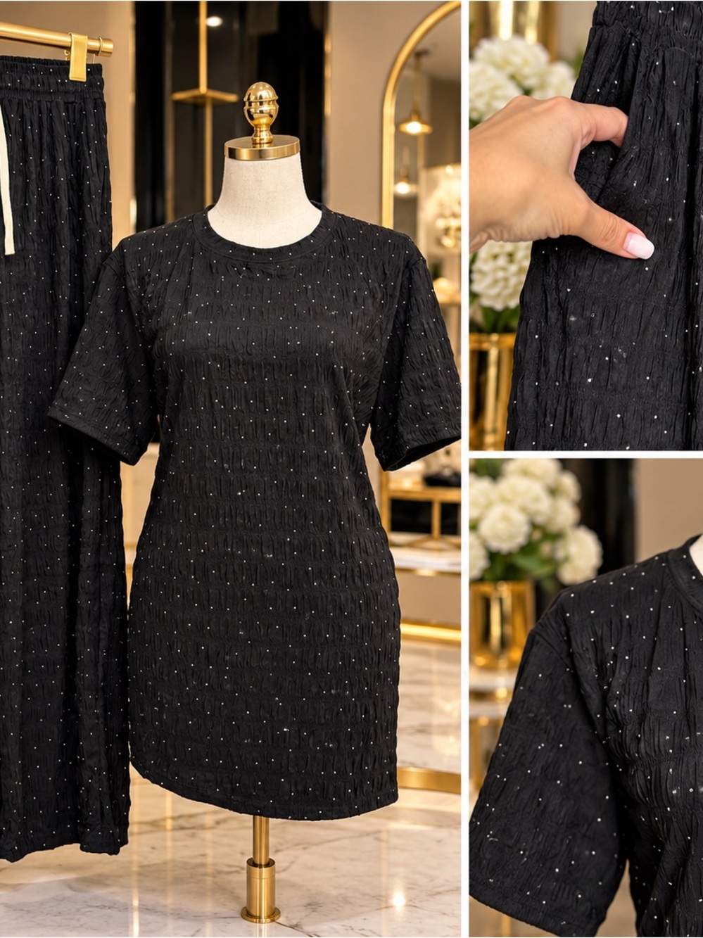 Black Short Sleeve Textured Dress with Subtle Sparkle with pockets